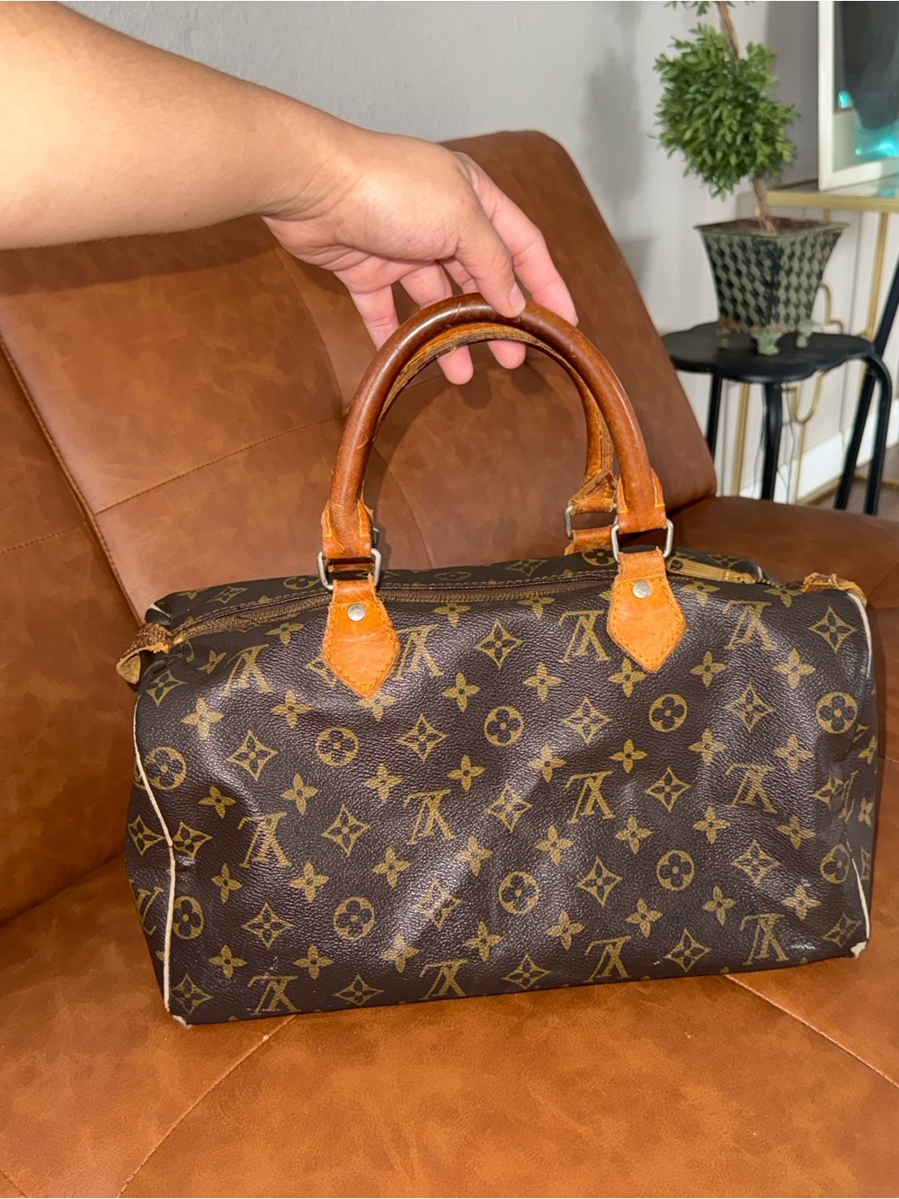 Louis Vuitton Monogram Canvas Satchel with Tan Leather Trim